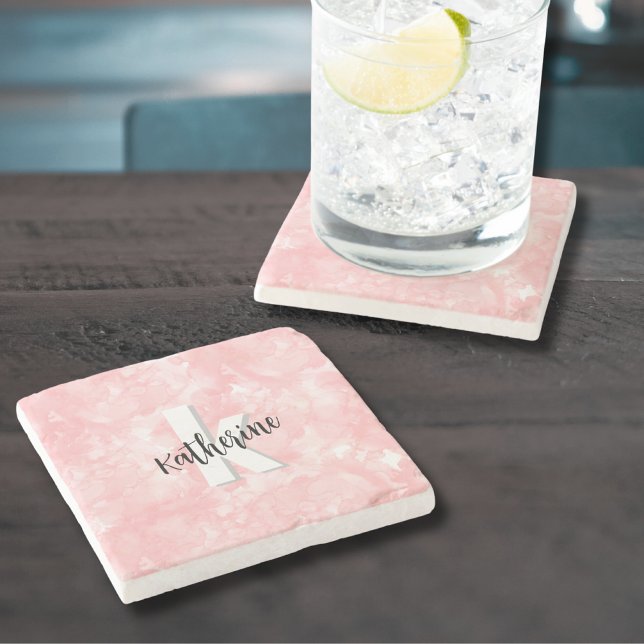Dessous-de-verre En Pierre Monogramme Initial Aquarelle Rose (Pink Watercolor Initial Monogram Stone Coaster)