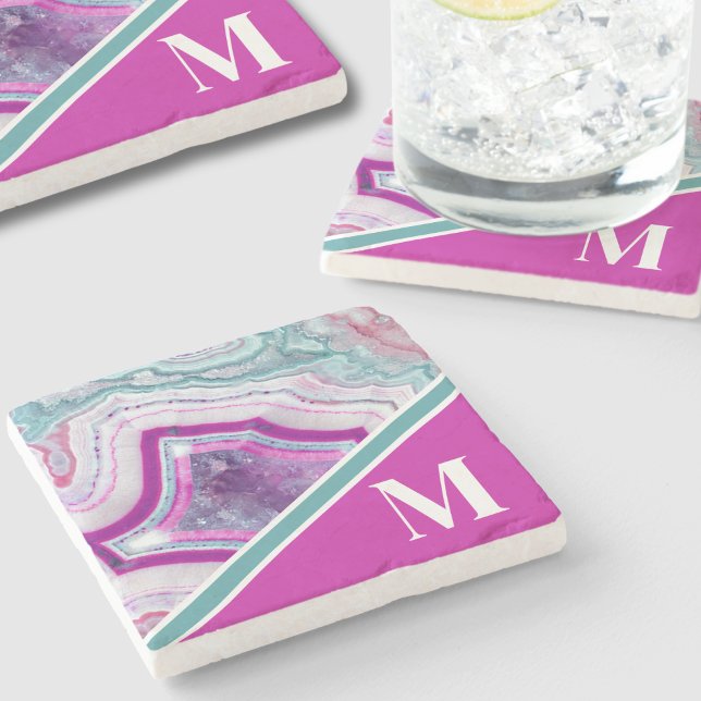 Dessous-de-verre En Pierre Monogramme Initial Élégant Moderne en Agate (Chic Stylish Turquoise Pink Agate Initial Monogram Stone Coaster)