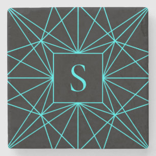 Dessous-de-verre En Pierre Monogramme Initial Motif Géométrique Turquoise