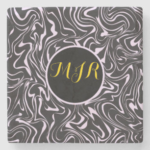 Dessous-de-verre En Pierre Monogramme Marbre noir et rose Motif Abstrait