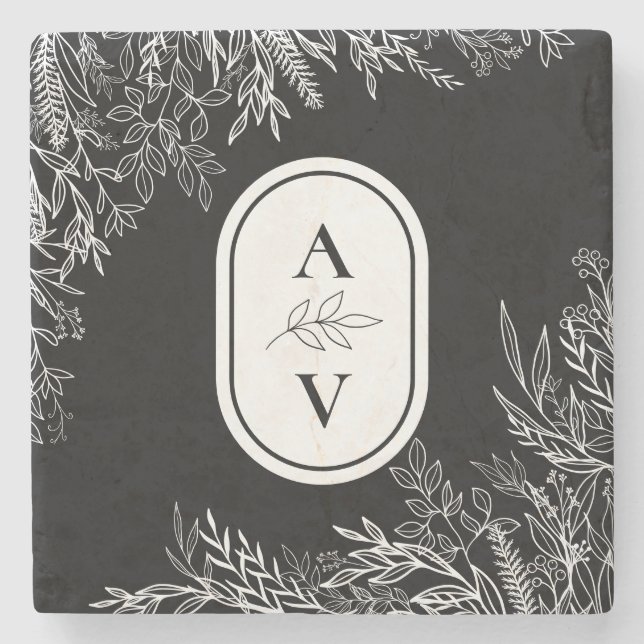Dessous-de-verre En Pierre Monogramme Mariage de verdure noir et blanc (Devant)