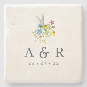 Dessous-de-verre En Pierre Monogramme Mariage Fleur sauvage rustique