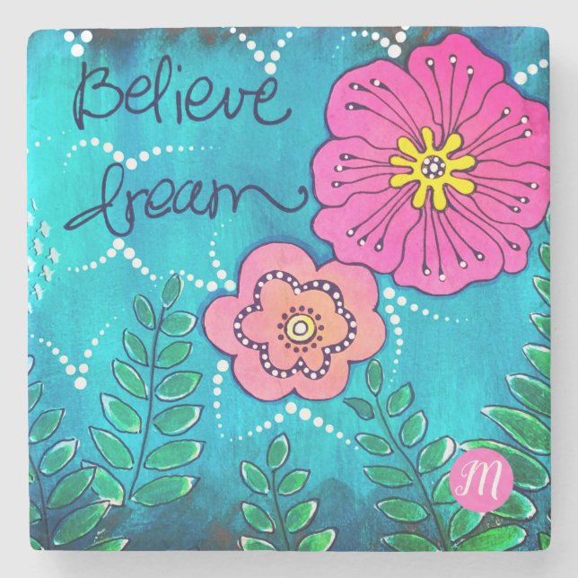 Dessous-de-verre En Pierre Monogramme Mélange d'art médiatique avec fleurs | (Devant)