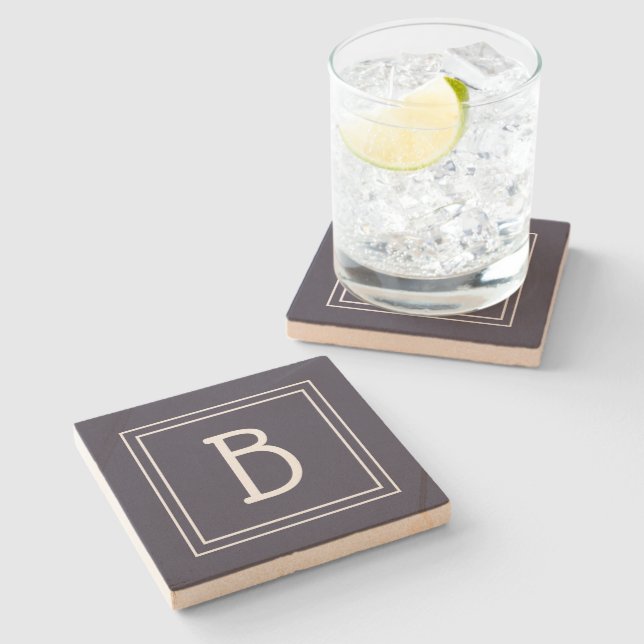Dessous-de-verre En Pierre Monogramme Moderne Chic Initiale Bleu Foncé et Bla (Côté)