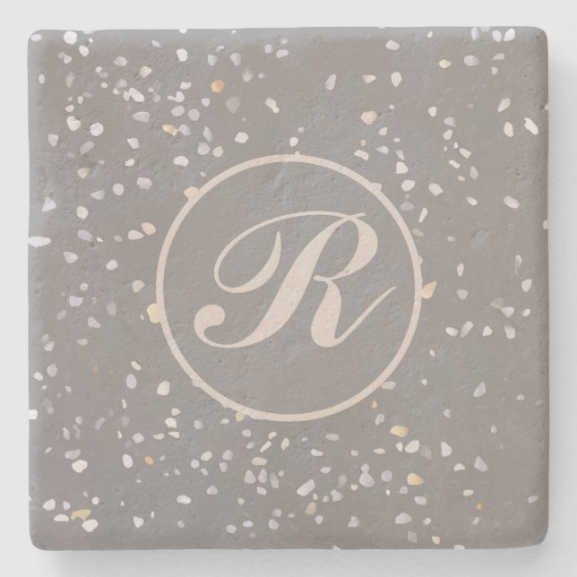 Dessous-de-verre En Pierre Monogramme Moderne Gris Terrazzo (Devant)