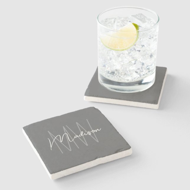 Dessous-de-verre En Pierre Monogramme Moderne Nom Script Gris (Côté)