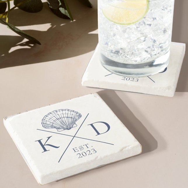 Dessous-de-verre En Pierre Monogramme nautique Shell Dessous de verre en pier (Immerse yourself in the calming, serene energy of the sea with our Monogram Sea shell Stone Coaster )