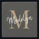 Dessous-de-verre En Pierre Monogramme noir or moderne Nom du script féminin<br><div class="desc">Monogramme noir or moderne Feminine Script Nom Dessous de verre de pierre. Personnalisez facilement ce dessous de verre en pierre moderne et élégant avec votre monogramme et votre nom personnalisés.</div>