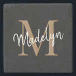 Dessous-de-verre En Pierre Monogramme noir or moderne Nom du script féminin<br><div class="desc">Monogramme noir or moderne Feminine Script Nom Dessous de verre de pierre. Personnalisez facilement ce dessous de verre en pierre moderne et élégant avec votre monogramme et votre nom personnalisés.</div>