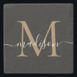 Dessous-de-verre En Pierre Monogramme noir or moderne Nom du script féminin<br><div class="desc">Élégant or noir Monogramme Feminine Script Nom Dessous de verre de pierre</div>