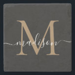 Dessous-de-verre En Pierre Monogramme noir or moderne Nom du script féminin<br><div class="desc">Élégant or noir Monogramme Feminine Script Nom Dessous de verre de pierre</div>