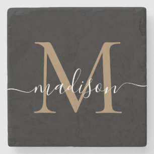 Dessous-de-verre En Pierre Monogramme noir or moderne Nom du script féminin