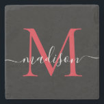 Dessous-de-verre En Pierre Monogramme noir rouge bordeaux Nom du script fémin<br><div class="desc">Élégant Noir Rouge Bourgogne Maroon Monogramme Feminine Script Nom Dessous de verre de pierre</div>