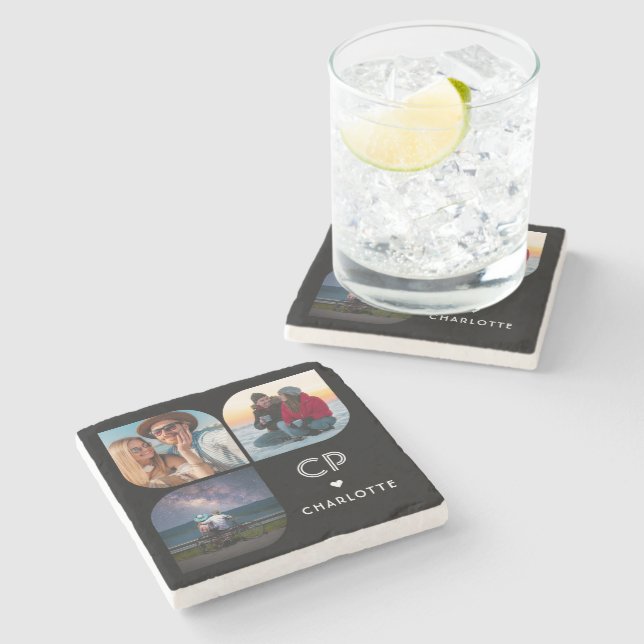 Dessous-de-verre En Pierre Monogramme Nom 3 Photo Simple Tendance Moderne (Côté)