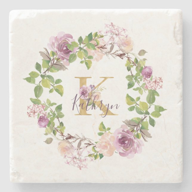 Dessous-de-verre En Pierre Monogramme or moderne K Aquarelle Florale Wreath (Devant)