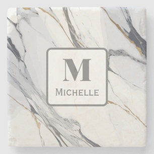 Dessous-de-verre En Pierre Monogramme personnalisé Gris et Marbre blanc