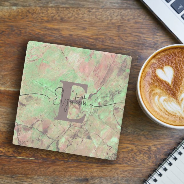 Dessous-de-verre En Pierre Monogramme personnalisé Nom du script Marbre vert (Créateur téléchargé)