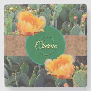 Dessous-de-verre En Pierre Monogramme personnalisé Orange Prickly Pear Cactus