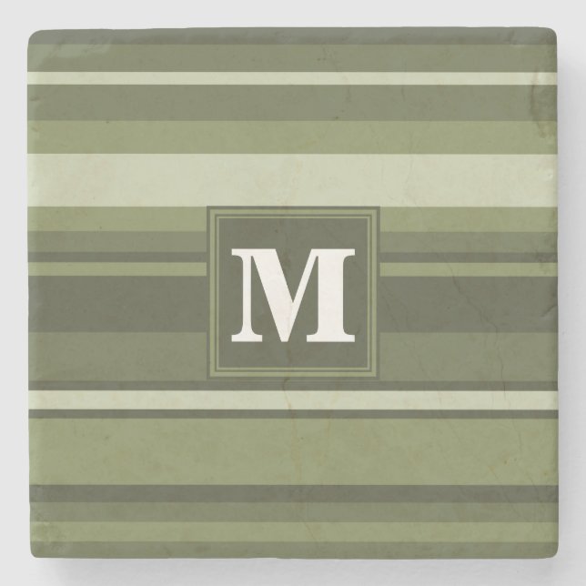 Dessous-de-verre En Pierre Monogramme rayures vert olive (Devant)