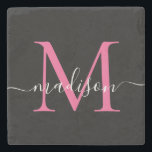 Dessous-de-verre En Pierre Monogramme rose noir moderne Nom du script féminin<br><div class="desc">Élégant Magenta noir Monogramme rose chaud Nom du script féminin Dessous de verre de pierre</div>