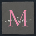 Dessous-de-verre En Pierre Monogramme rose noire moderne Nom du script fémini<br><div class="desc">Élégant noir Magenta Hot rose Monogramme Feminine Script Nom Dessous de verre de pierre</div>