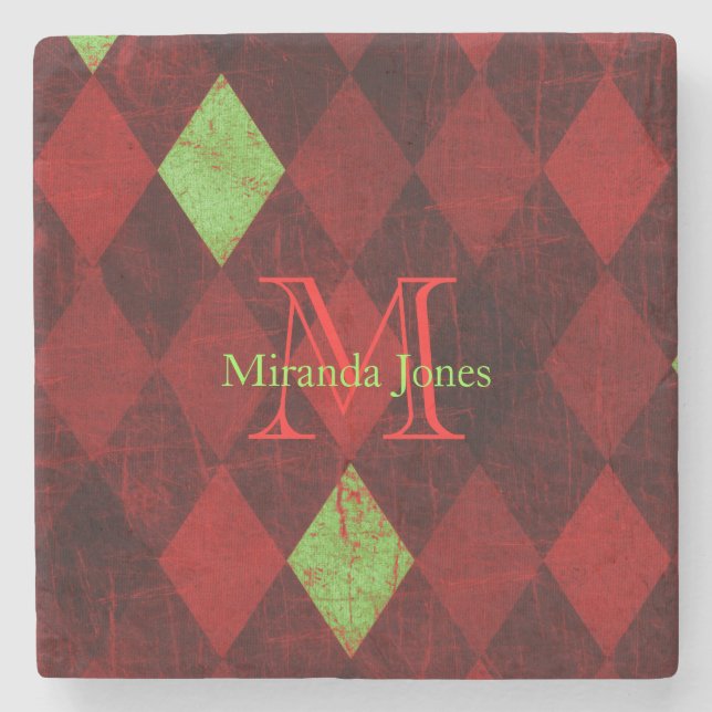 Dessous-de-verre En Pierre Monogramme rouge de motif de diamant d'or (Devant)