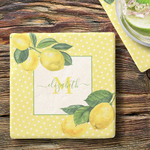 Dessous-de-verre En Pierre Monogramme rustique pays citron aquarelle pois