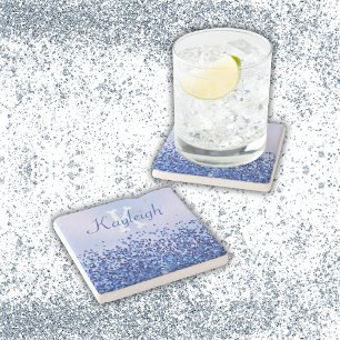Dessous-de-verre En Pierre Monogramme simple en métal brossé bleu et Parties
