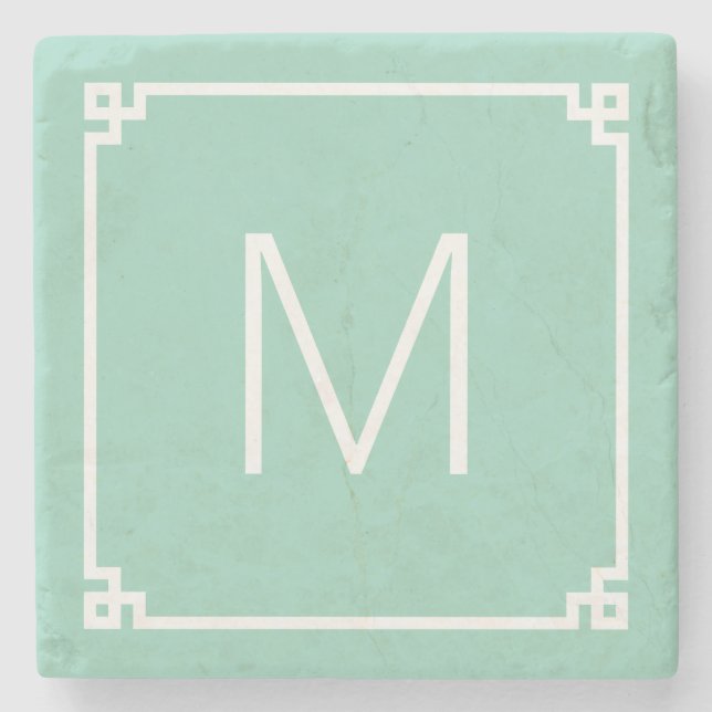 Dessous-de-verre En Pierre Monogramme Turquoise clair et blanc de la bordure  (Devant)