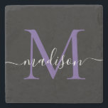 Dessous-de-verre En Pierre Monogramme violet noir Violet Nom du script fémini<br><div class="desc">Élégant Monogramme de violet noir moderne Nom du script féminin Dessous de verre de pierre</div>