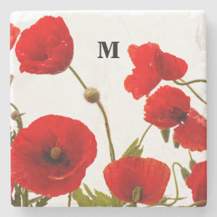 Dessous-de-verre En Pierre Monogrammes Initiales Fleurs de pavot rouge Aquare