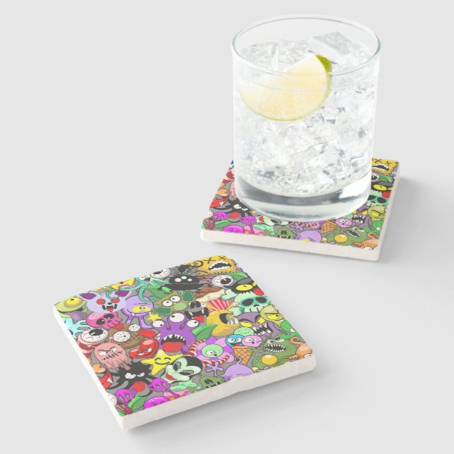 Dessous-de-verre En Pierre Monstres caractères mignons Motif d'Halloween (Côté)