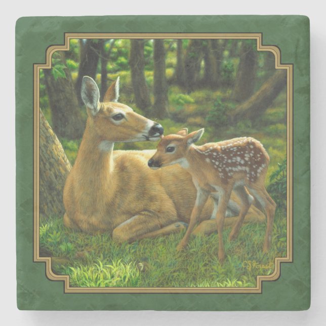 Dessous-de-verre En Pierre Mother Deer and Fawn Forest Green (Devant)