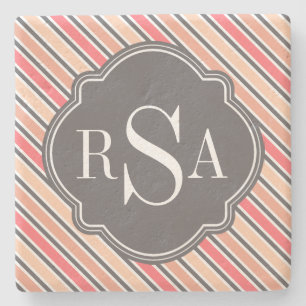 Dessous-de-verre En Pierre Motif à rayures blanches gris rose monogramme