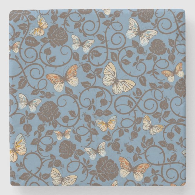 Dessous-de-verre En Pierre motif avec les roses et le papillon (Devant)