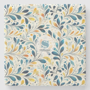 Dessous-de-verre En Pierre Motif bleu et or Paisley Leaf (2)