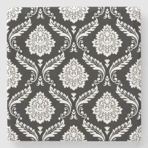 Dessous-de-verre En Pierre Motif Damassé Rococo Blanc sur Noir