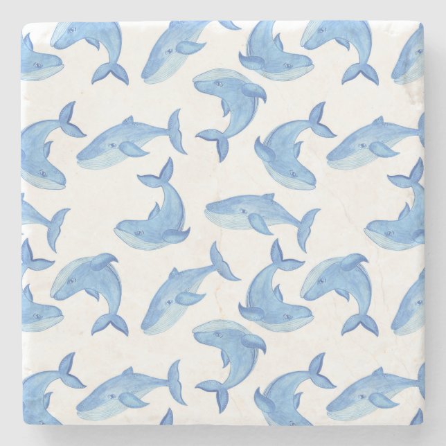 Dessous-de-verre En Pierre Motif de baleine bleue d'aquarelle (Devant)