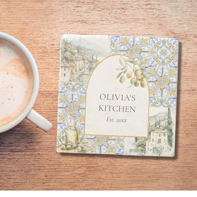 Dessous-de-verre En Pierre Motif de carreaux bleu jaune Olive Méditerranée (In situ)