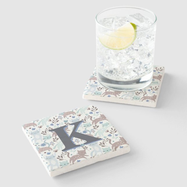Dessous-de-verre En Pierre Motif de chat Whimsical, Monogramme gris bleu (Côté)