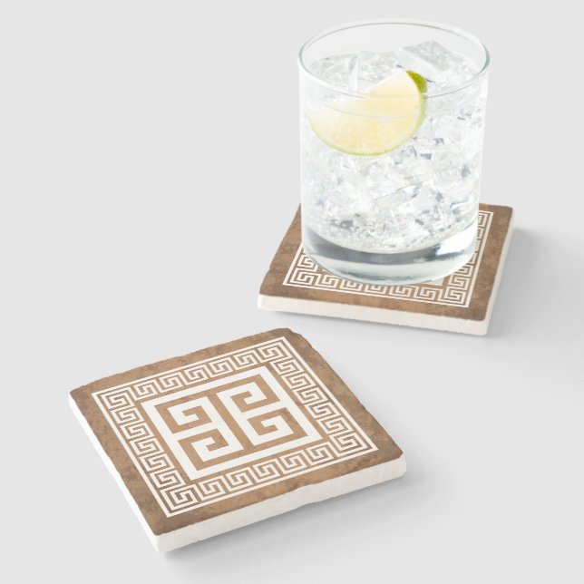 Dessous-de-verre En Pierre Motif de clé grecque Design blanc (Côté)