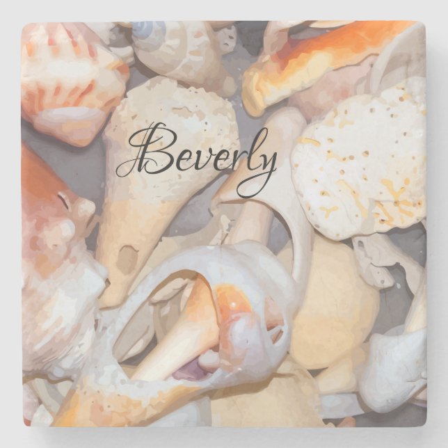 Dessous-de-verre En Pierre Motif de coquillage tropical de Monogramme (Devant)