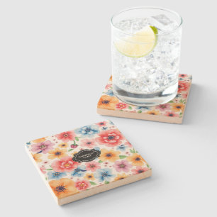 Dessous-de-verre En Pierre Motif de fleurs d'été aquarelle monogrammé