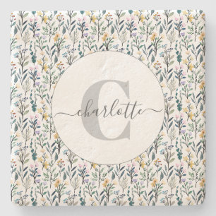 Dessous-de-verre En Pierre Motif de fleurs sauvages aquarelle boho Monogramme