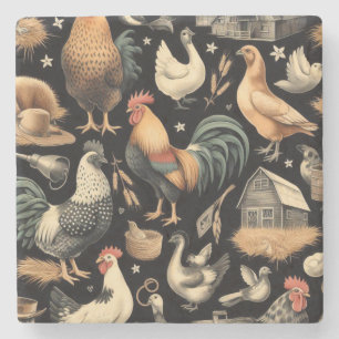 Dessous-de-verre En Pierre Motif de la ferme de poulet Retro
