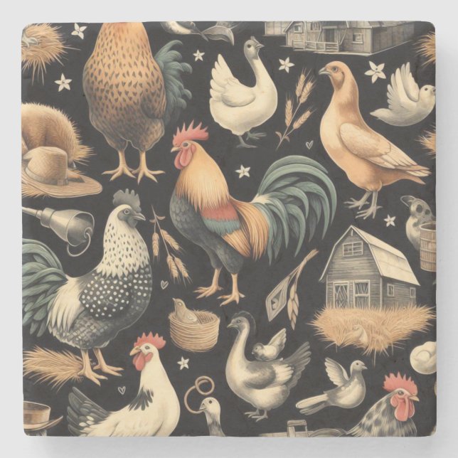 Dessous-de-verre En Pierre Motif de la ferme de poulet Retro (Devant)