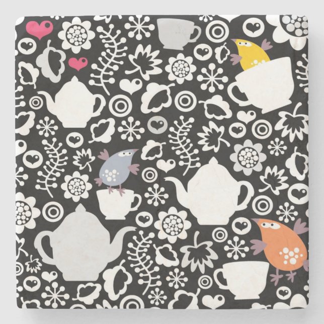 Dessous-de-verre En Pierre Motif d'oiseaux et de tasses (Devant)