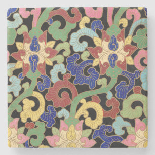Dessous-de-verre En Pierre Motif floral chinois coloré sur fond noir