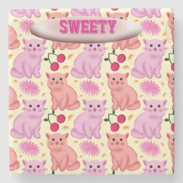 Dessous-de-verre En Pierre Motif Floral Personnalisé Chat Mignon Cerise (Devant)