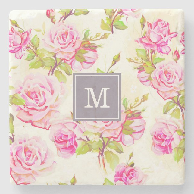 Dessous-de-verre En Pierre Motif Floral personnalisé Vieux Rose Monogramme Pi (Devant)